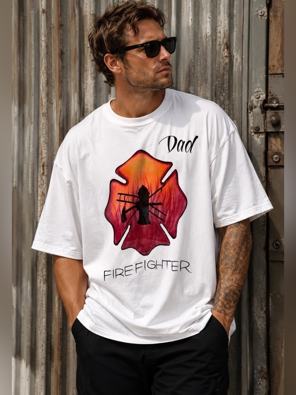 Hanes White T-Shirt with Red Orange Firefighter Maltese Cross "Dad"